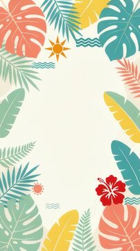 Tropical illustrated border with colorful leaves, hibiscus flowers, sun and waves surrounding a blank center for summer greeting or invitation design.