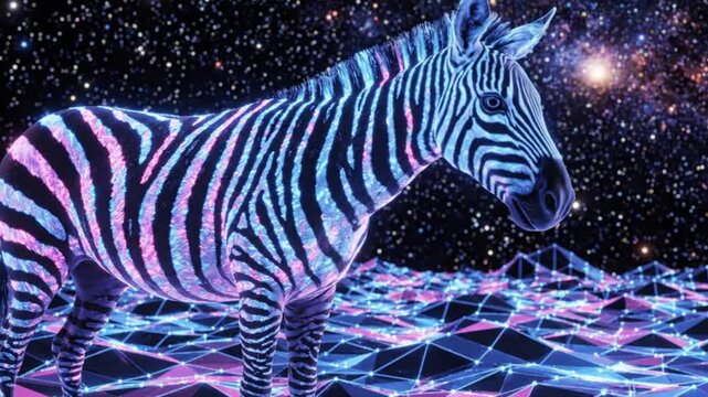A futuristic neon zebra stands on a glowing network against a starry night sky with a galaxy.