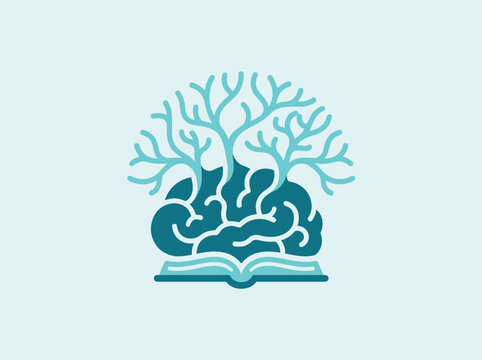 Creative brain tree logo design, human mind growing from an open book, concept of knowledge, education, learning and wisdom