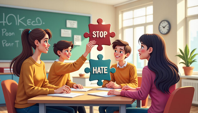four students collaborating in a classroom, discussing the importance of anti-bullying, holding puzzle pieces that say stop and hate, promoting awareness and understanding in education
