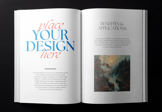 Top view of an open blank book or magazine spread mockup isolated on a solid black background