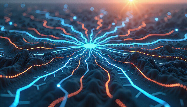 abstract futuristic network structure with glowing lines and waves representing digital connectivity and technology background