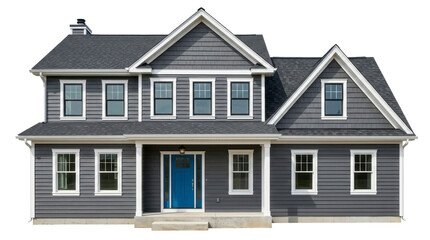 Modern two story suburban house with blue door on a transparent background PNG image © Darina