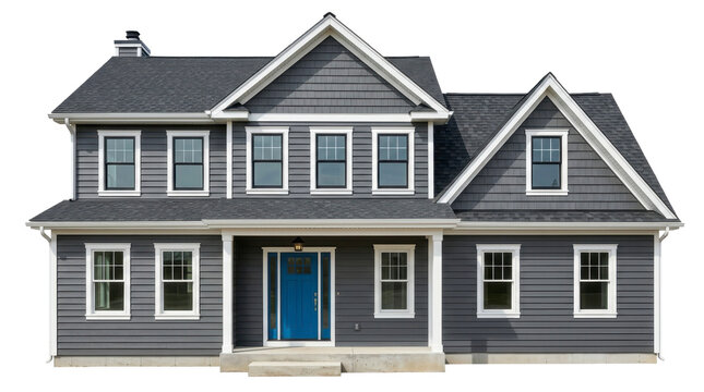 Modern two story suburban house with blue door on a transparent background PNG image