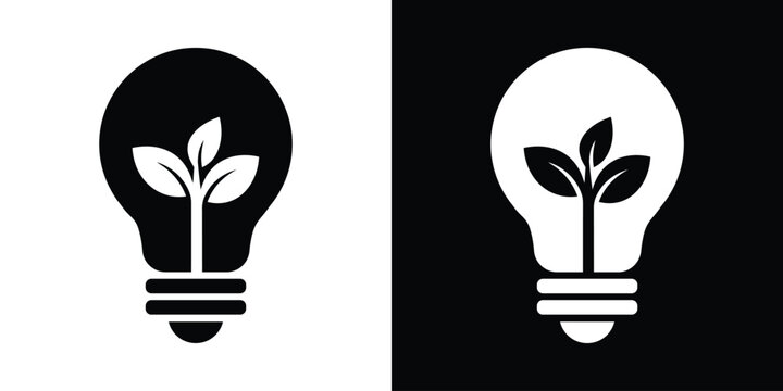 Creative ecology concept showing a plant growing inside a solid light bulb silhouette shape. Graphic icon set in reversed black and white themes.