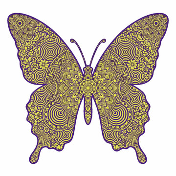 Decorative golden butterfly vector illustration with intricate mandala patterns and purple outline.