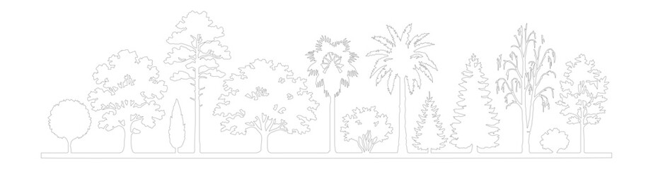 Minimalist tree line outline vector, diverse forest silhouette collection, thin black line art of various tree species for architectural site plans © M