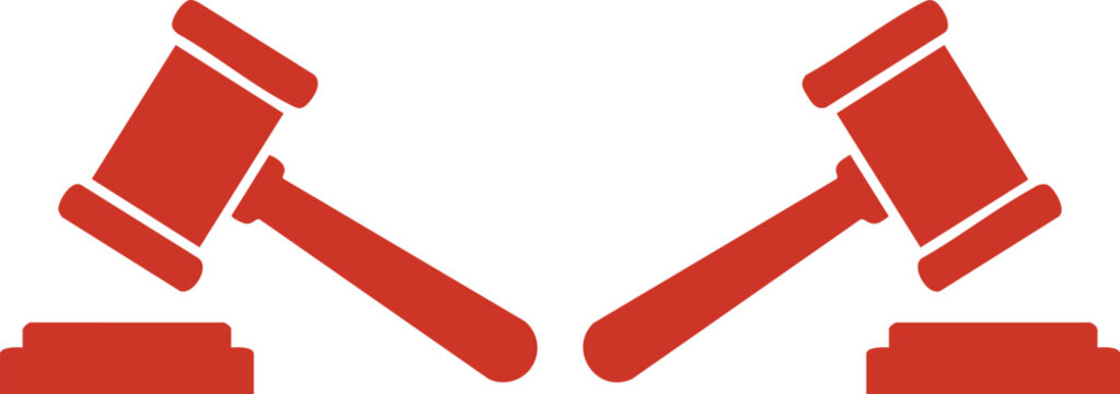 Pair of red gavel on wooden blocks, flat hammer justice court