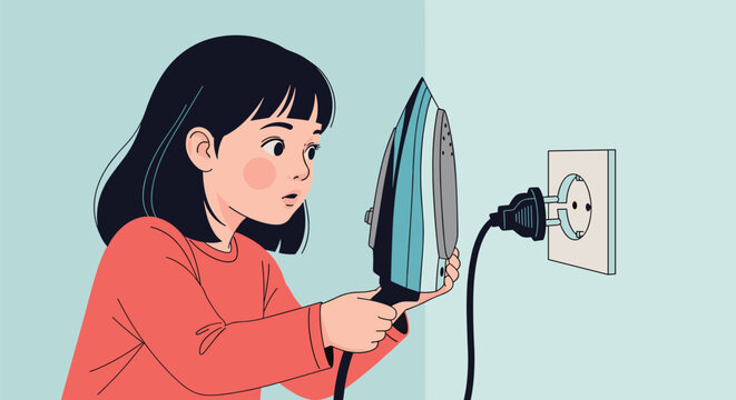 Dangerous situation where a young girl is shown plugging a heavy electric iron into a wall socket unsupervised.