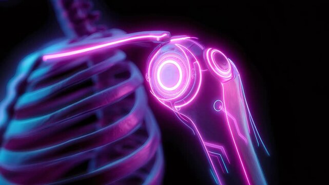 Cyborg skeleton with glowing neon shoulder implant. Human anatomy mixed with robotic technology. Cybernetic joint replacement for advanced medical research concept.
