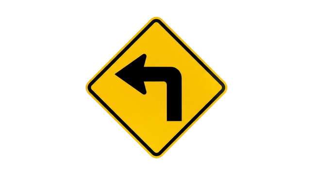 Yellow diamond left turn traffic warning sign on a transparent background PNG file