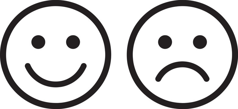 A black and white set displaying a happy smiling face and a sad frowning face for user feedback and emotional evaluation also transparent background