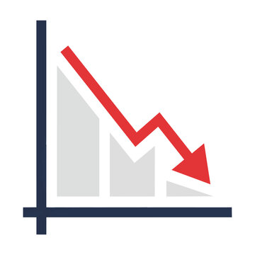 Minimalist financial line chart icon with a red downward trend arrow on dark indigo axes isolated on white background, business decline concept