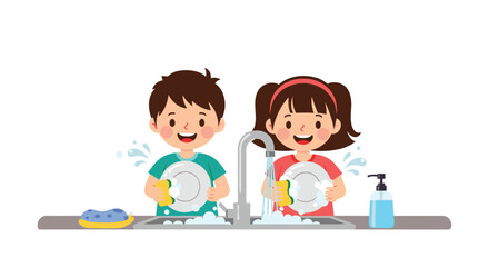 Obraz premium Two happy children washing dishes together at the kitchen sink helping with chores in a friendly domestic scene.