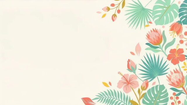 Tropical floral border with palm and protea leaves on a cream background, decorative botanical corner pattern across triptych