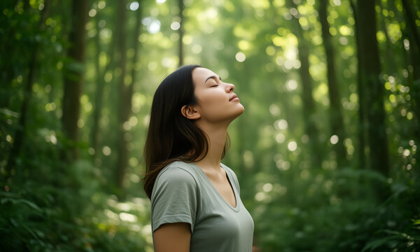 Peaceful woman breathing fresh air while practicing mindfulness in a lush green forest environment
