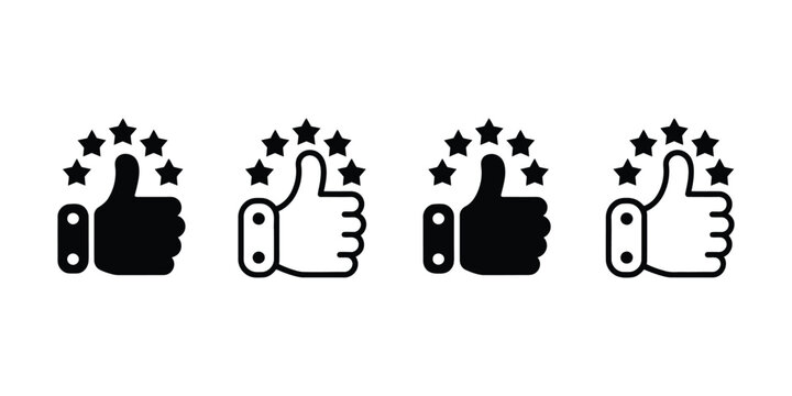 Thumb Up and Five Stars Icons Vector Illustration for Customer Review, Best Rating, Service Satisfaction, and Approval Symbol