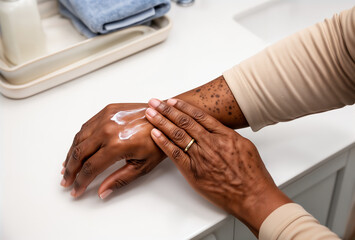 Naklejka premium Person applying white cream to hands and arms with dark spots.