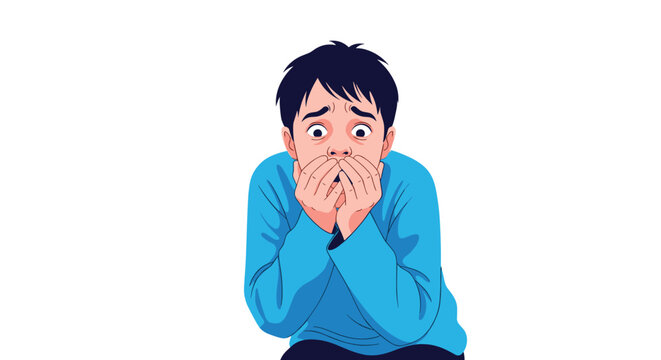 Scared young boy with wide eyes covering his mouth with his hands to show fear and terror in a difficult situation.