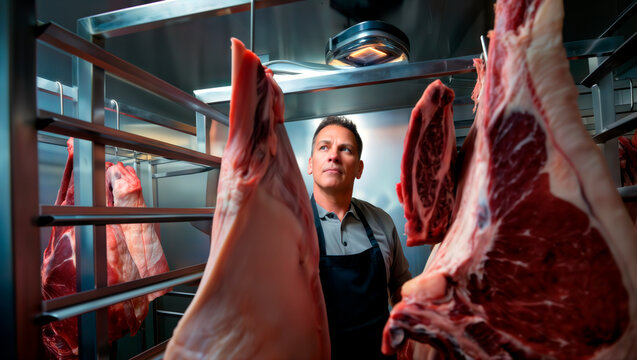 Male butcher standing in cold room refrigerator looking at hanging raw meat.