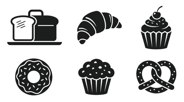 Collection of baked goods icons including toast croissant cupcake donut muffin and pretzel