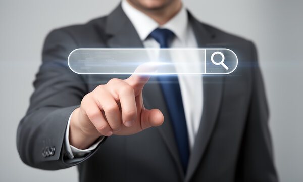 Professional Businessman Touching a Digital Search Bar Interface for Internet Data Information Retrieval
