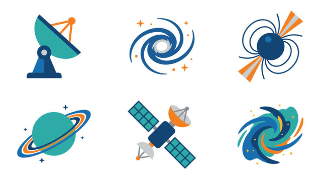Set of space and astronomy icons including satellite galaxy nebula and planet