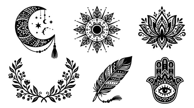 Bohemian Esoteric Symbols Collection Moon Lotus Feather Hamsa Hand and Laurel Wreath