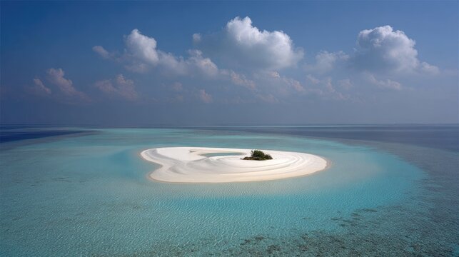 Remote tropical sandbar island surrounded by clear turquoise ocean water under a blue sky.