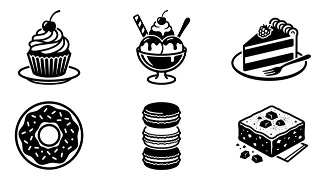 Collection of six black and white dessert icons including cupcake ice cream sundae cake donut macarons and brownie