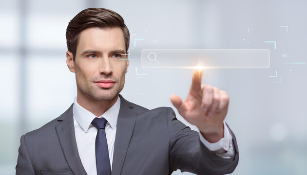 Professional businessman touching glowing virtual search bar in modern futuristic technology office.