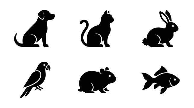 Collection of six common pet animal icons in silhouette style