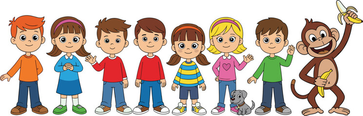 Cute cartoon children and happy monkey holding banana vector illustration group of diverse smiling kids with little puppy © Kulsum