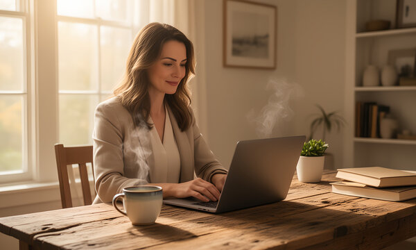 Professional woman working on laptop at home office with a steaming cup of coffee