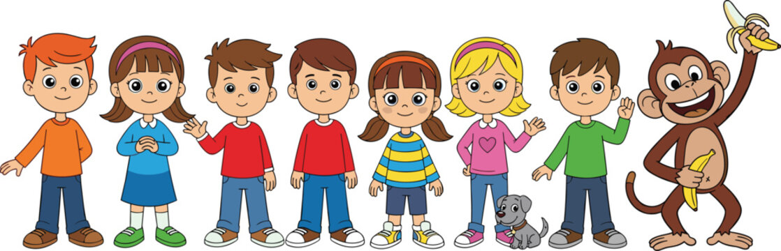 Cute cartoon children and happy monkey holding banana vector illustration group of diverse smiling kids with little puppy