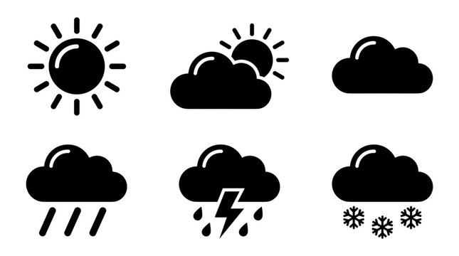 Collection of black weather icons including sun clouds rain lightning and snow on white background