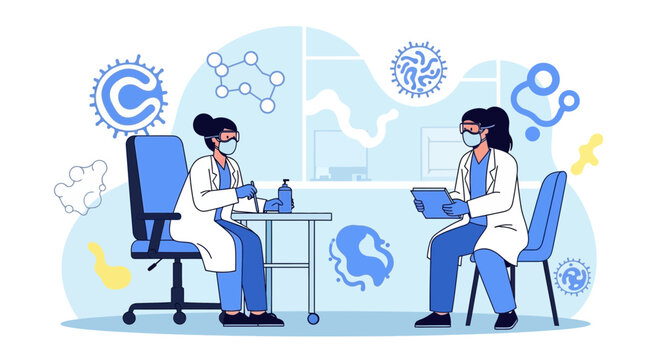 Scientists in lab coats and masks working in a modern laboratory