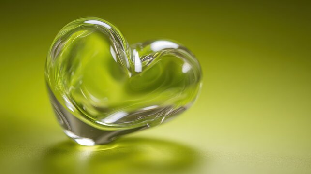 Transparent glass heart on green background symbolizing love and affection