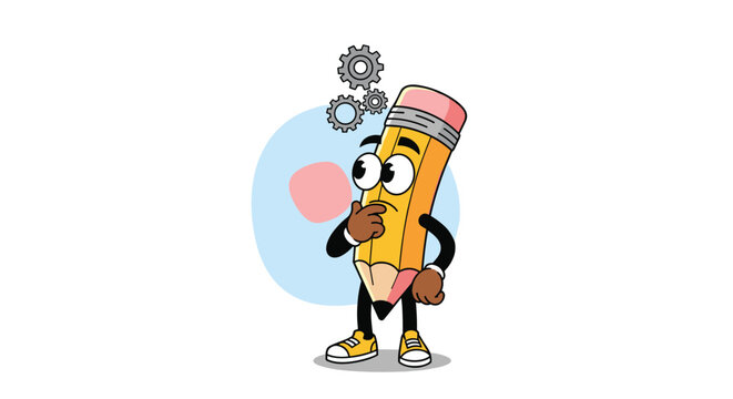 Cartoon yellow pencil character looks thoughtful with mechanical gears appearing above its head to signify thinking.