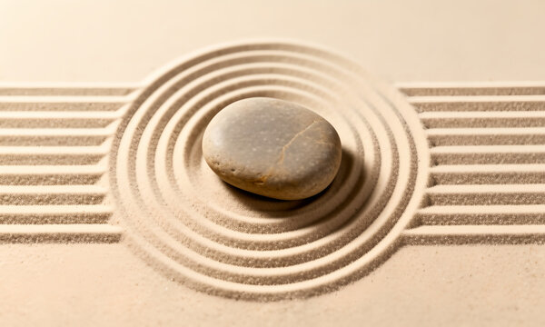 Zen Garden Sand with Concentric Circles and a Single Smooth Stone for Meditation Background
