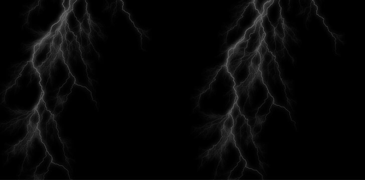 Lightning bolts on black background, electricity and thunder storm