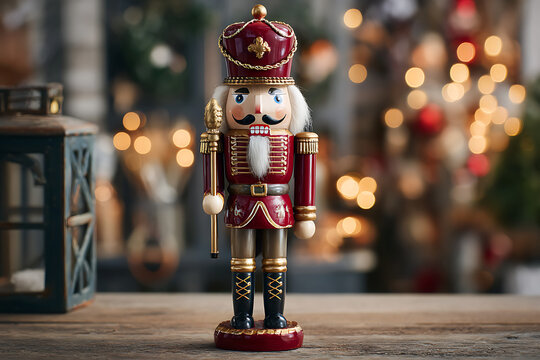 Festive nutcracker soldier standing proudly amidst twinkling holiday lights, a classic symbol of Christmas joy and tradition.