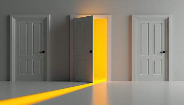 Three closed doors, one ajar, revealing a bright, warm, inviting light