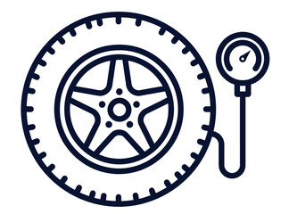 Outline icon of a car tire with a pressure gauge checking its inflation, representing vehicle maintenance. © Abid