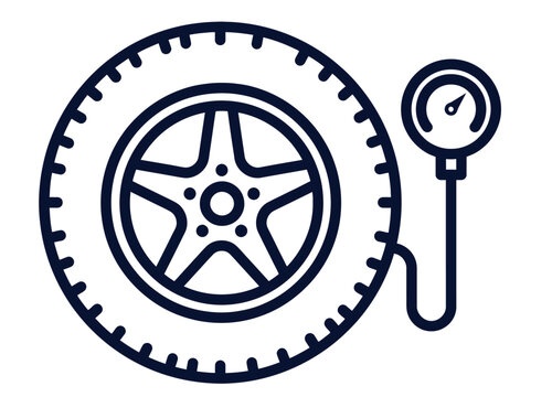Outline icon of a car tire with a pressure gauge checking its inflation, representing vehicle maintenance.