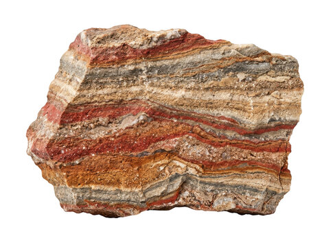 A large rock with multiple layers of red orange gray and white sedimentary rock formations transparent background