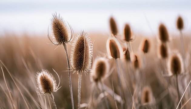 Dried seed heads of wild plants sway in soft light, creating a muted, earthy tone
