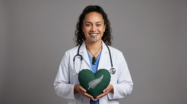 Indigenous Māori female doctor holding heart cushion with silver fern, New Zealand healthcare and medical compassion concept.