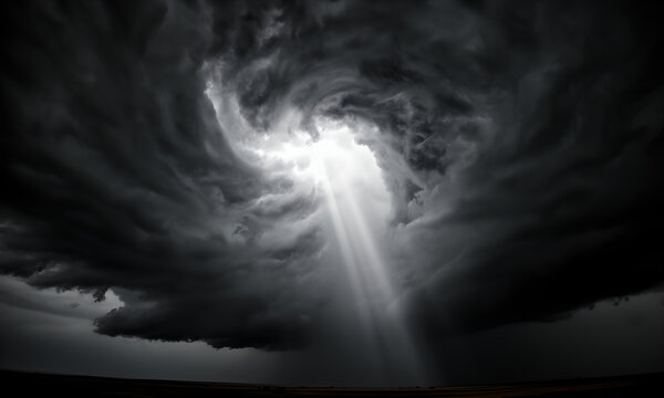 Dramatic ray of light piercing through ominous swirling storm clouds in dark sky