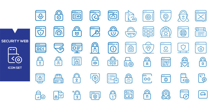 Security Web Icon Set: A collection of clean, minimalist blue line icons representing various aspects of web security, including locks, shields, passwords, and digital identity.